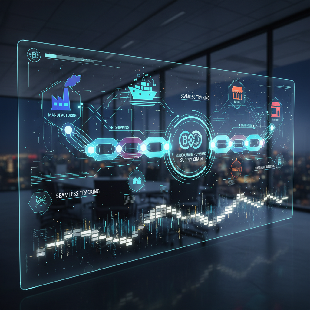 A vibrant, futuristic infographic showing a supply chain being tracked seamlessly by blockchain technology, with various nodes representing different stages like manufacturing, shipping, and retail, all connected by glowing data lines. High angle, clear details, professional corporate style.