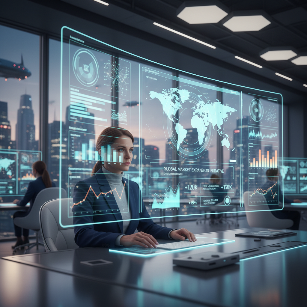A professional data analyst in a modern office looking at multiple screens filled with charts, graphs, and digital marketing performance metrics. The scene is futuristic with glowing data visualizations, focusing on the intricate details of market expansion data, photorealistic, cinematic lighting.