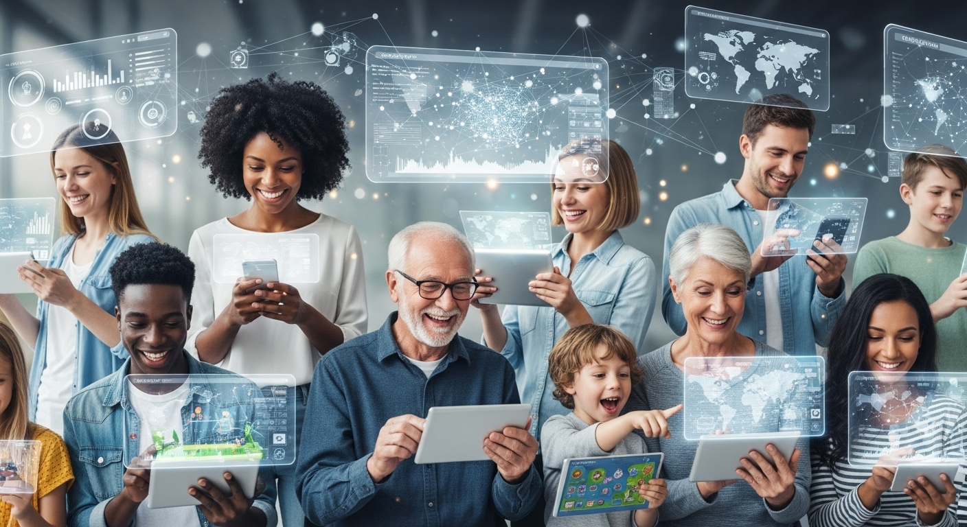 A diverse group of people from different age groups and backgrounds interacting with digital interfaces like smartphones and tablets, all looking happy and engaged. The background shows a seamlessly integrated digital ecosystem, illustrating enhanced customer experience. Photorealistic.