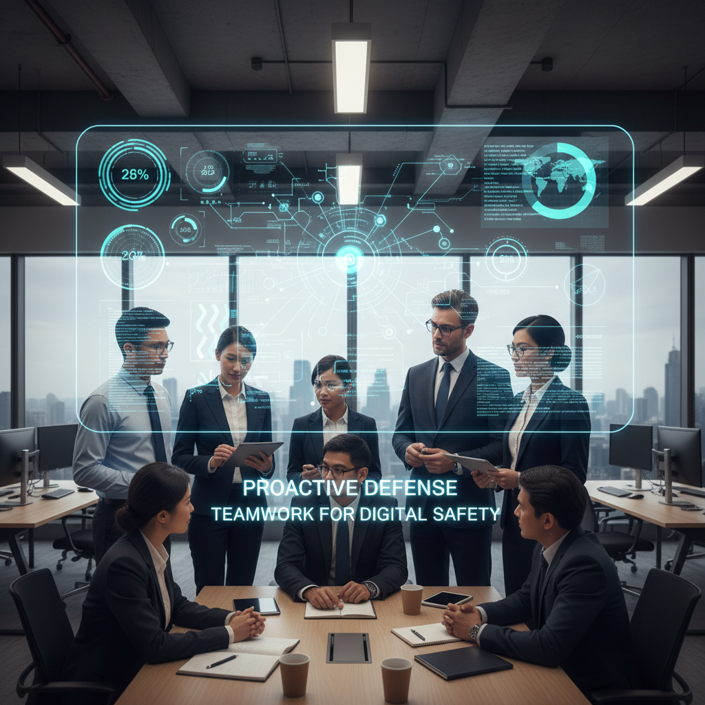 A diverse team of business professionals and IT experts collaborating around a large digital display showing cybersecurity metrics and network schematics. They are discussing strategies to protect data, symbolizing teamwork and proactive security measures. Photorealistic, modern office setting, professional attire.