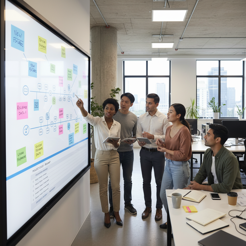 A diverse team of professionals actively collaborating on a large interactive digital whiteboard, discussing project timelines and ideas with vibrant graphics and sticky notes. Photorealistic, modern office setting, bright lighting.
