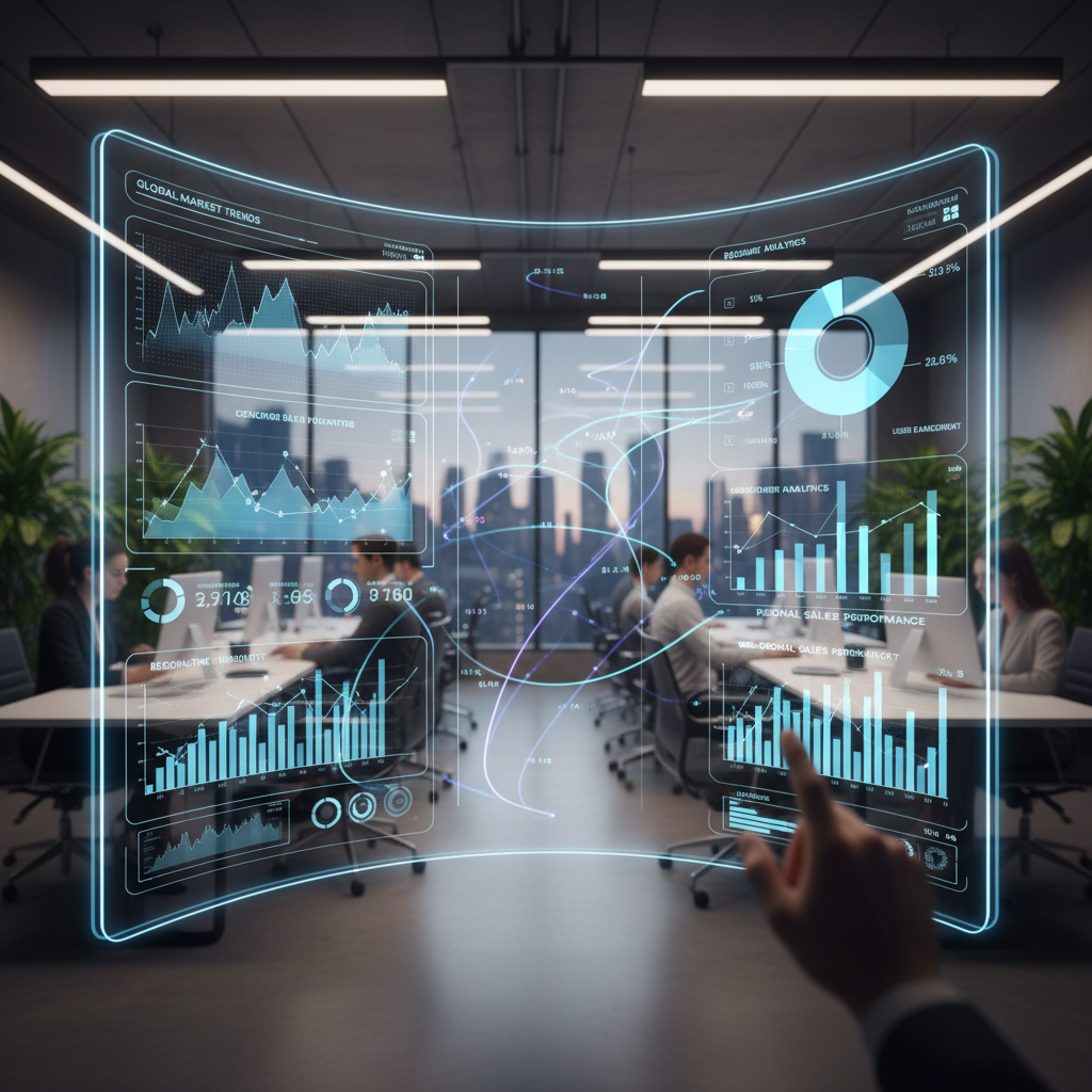 A vibrant, photorealistic image depicting a data visualization dashboard with graphs and charts updating in real-time, overlaid with subtle futuristic lines suggesting data flow, in a modern office setting. Focus on dynamic data and quick insights.
