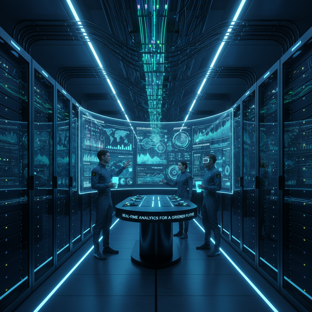 A detailed, photorealistic image of a sleek, modern data center server room, with glowing blue lights, intricate cable management, and technicians observing large data visualizations on screens, representing big data analytics for sustainable decision-making.