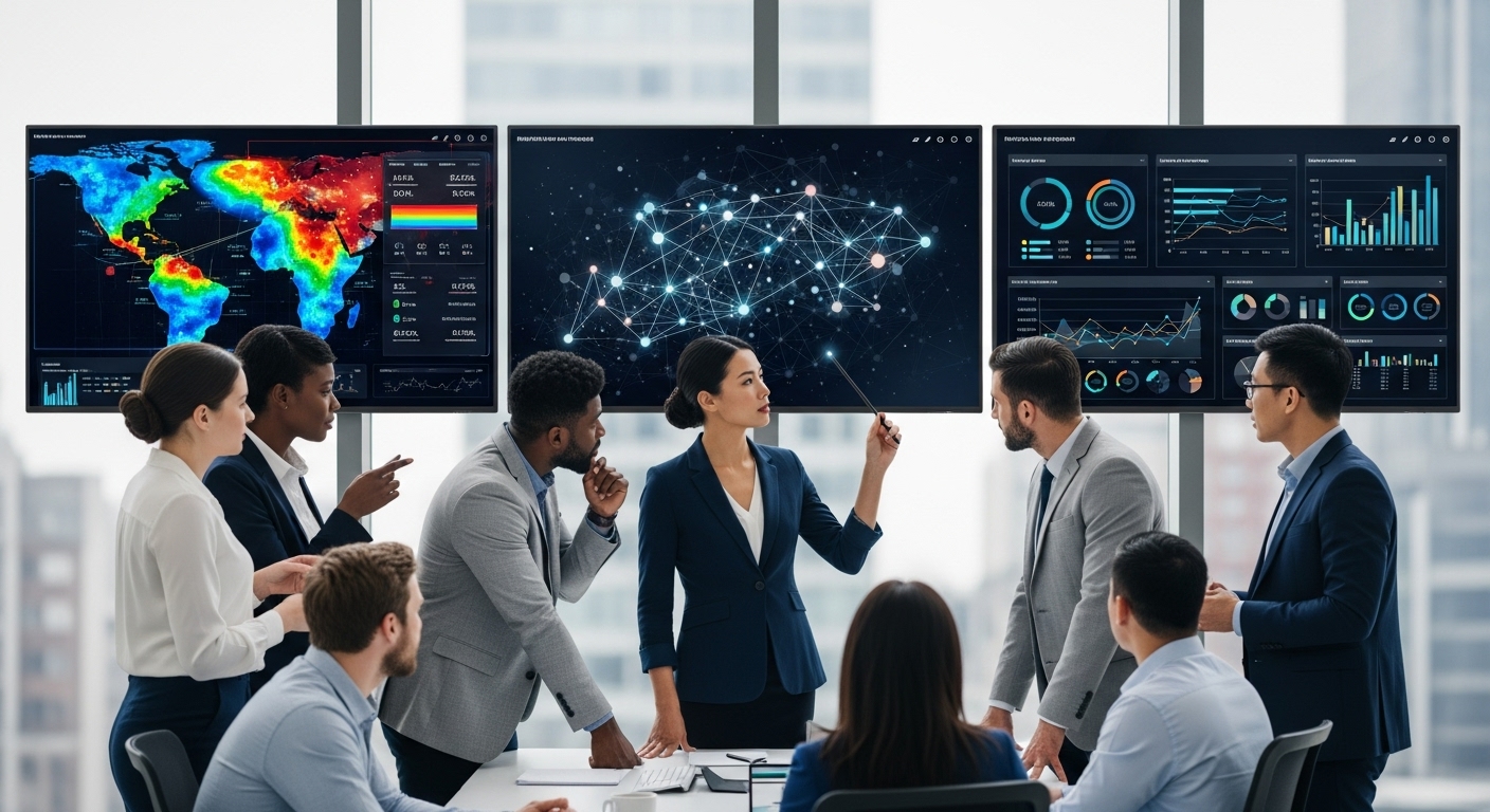 A diverse group of business professionals in a modern office looking at data visualizations on large screens, illustrating strategic decision-making with big data. Photorealistic, high-resolution.