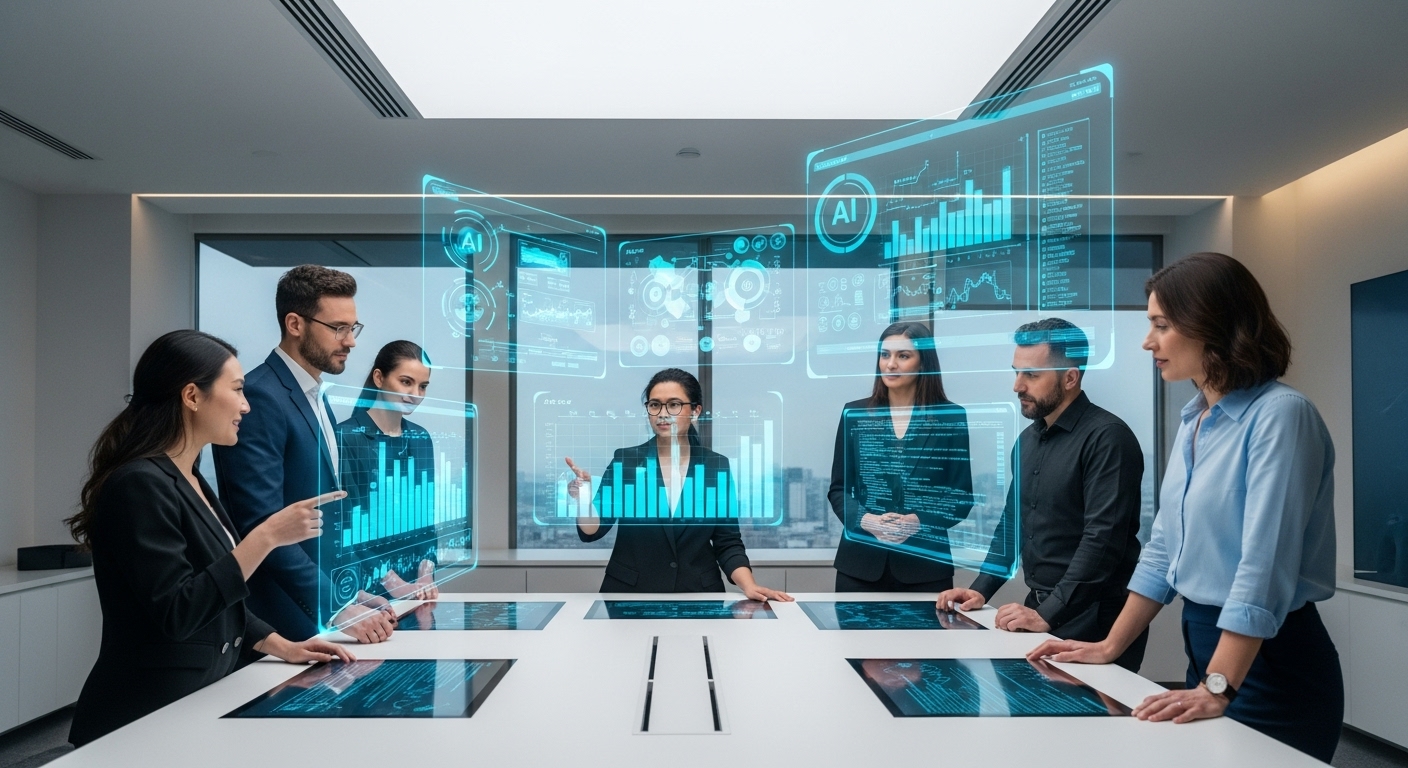 A diverse team of professionals collaborating in a modern office, with holographic charts and AI interfaces projected around them, showcasing data analysis and automation. The scene should be bright, futuristic, and professional, with a focus on human-computer interaction. Photorealistic.