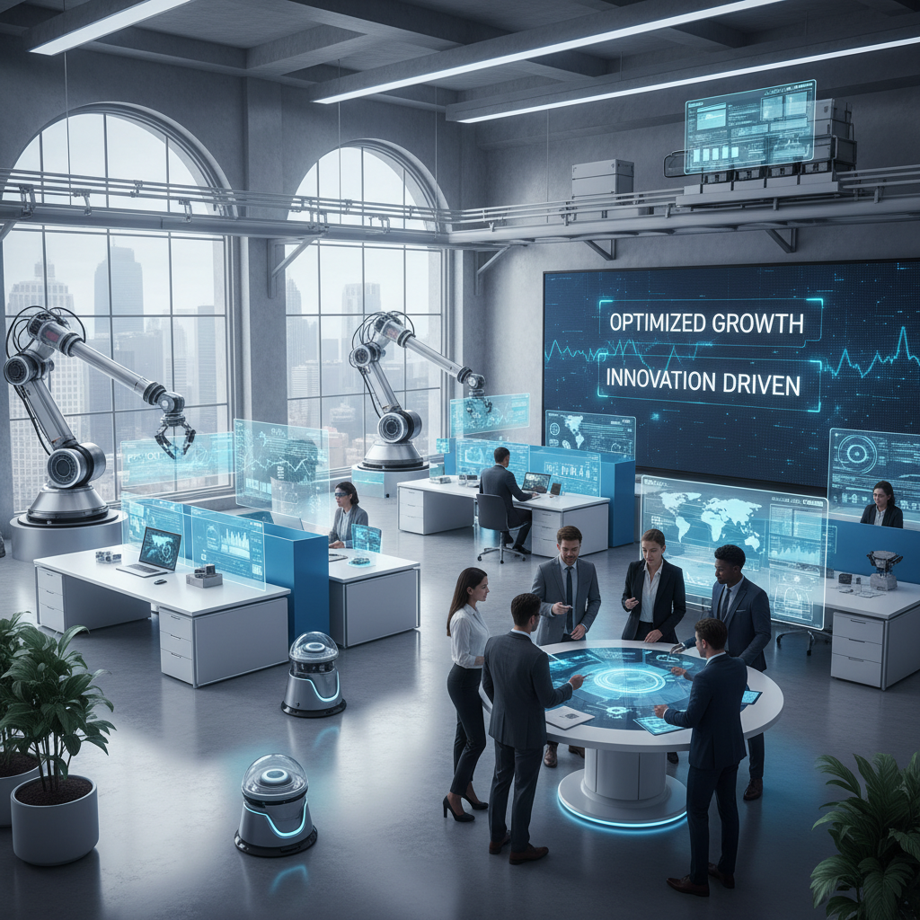 A wide shot of a futuristic, clean office environment where various automated robots and software interfaces are seamlessly handling repetitive tasks, while human employees are seen collaborating on strategic projects, representing the efficiency and growth brought by business process automation, photorealistic, cinematic lighting