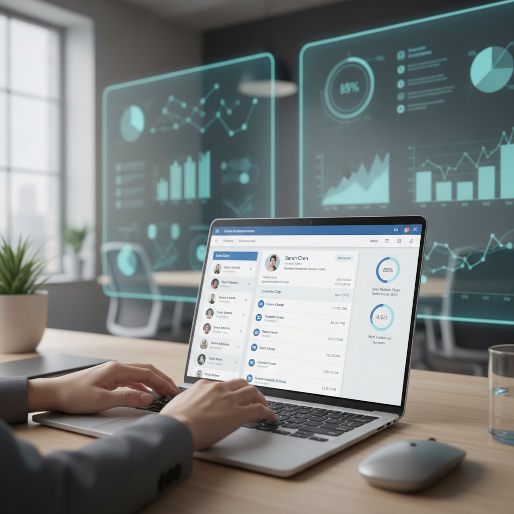 A close-up of a hand typing on a laptop, showing a CRM interface with customer profiles and communication history, data visualizations in the background, professional office setting, photorealistic.