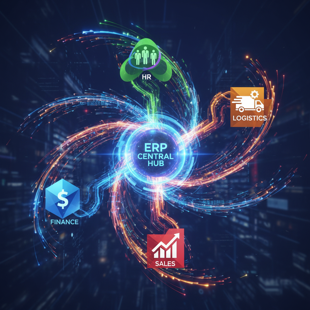 A dynamic, abstract visual representation of data flowing seamlessly between different business departments (e.g., finance, HR, logistics, sales) connected by a central hub, illustrating ERP system integration. Clean, modern design, digital art. Photorealistic.