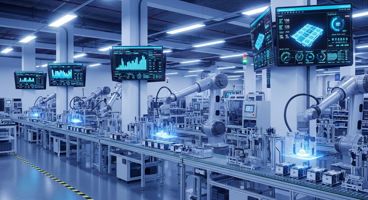 A wide-angle, photorealistic shot of a modern, clean factory floor with several robotic arms precisely assembling components. Data screens display real-time production metrics. Various sensors are visible on machines and walls. The lighting is bright and industrial, with a sense of efficiency and advanced technology.